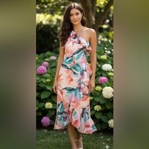 Adelyn Rae Floral Coral, Green, Pink Midi Dress Size S NWT